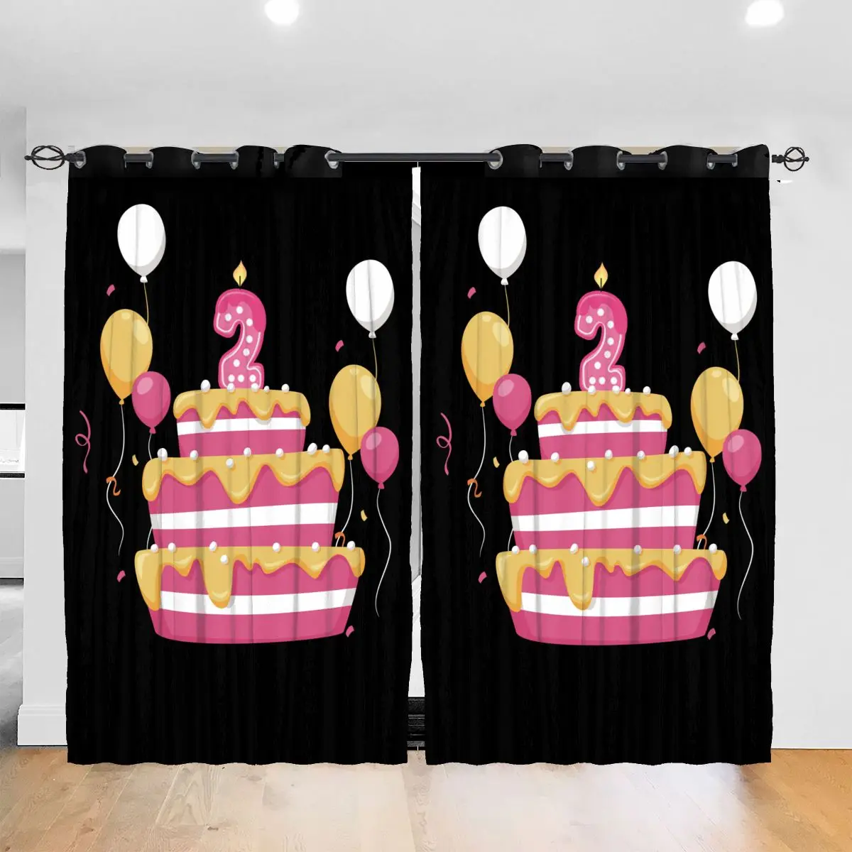 

Living Room Sun Block Curtain Happy Birthday 2 Flying Party Balloons Light Shading Bedroom Blackout Window Curtains 52x72In