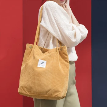 

LJT High Capacity Ladies Casual Shoulder Bag Corduroy Tote Foldable Reusable Solid Color Women Shopping Beach Bag bolso mujer