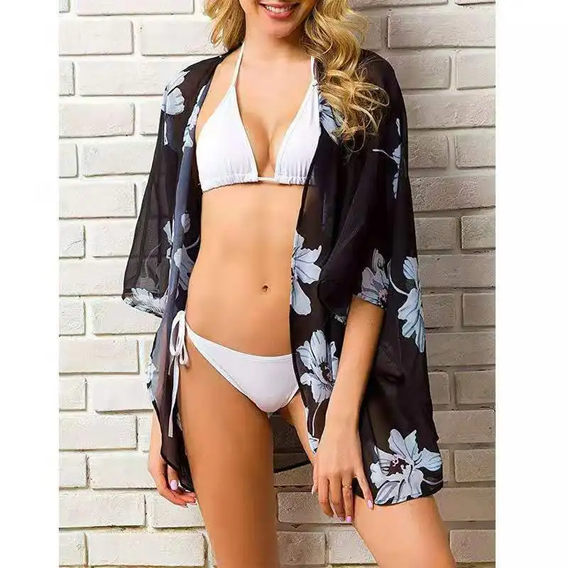 Printed Short-sleeved Large Size Women's Cardigan Chiffon Blouse Solid Color Printed Summer Beach Cropped Sleeves