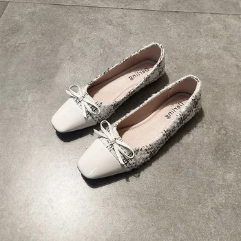 

White Black Patchwork Flat Shoes Woman with Bow Ballet Flats Ballerinas Point Toe Slip On Loafers Soft Ladies Moccasins Shoes