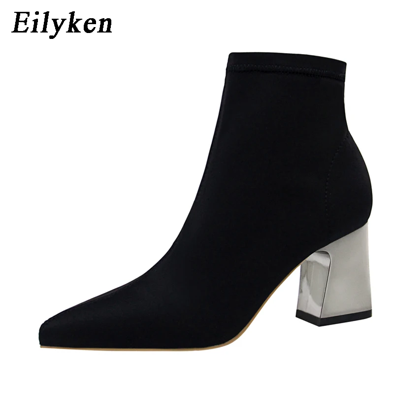 EilyKen/высококачественные ботильоны с острым носком на высоком каблуке; Офисная Женская обувь; зимняя женская теплая короткая плюшевая обувь на квадратном каблуке - Цвет: Flock-Black