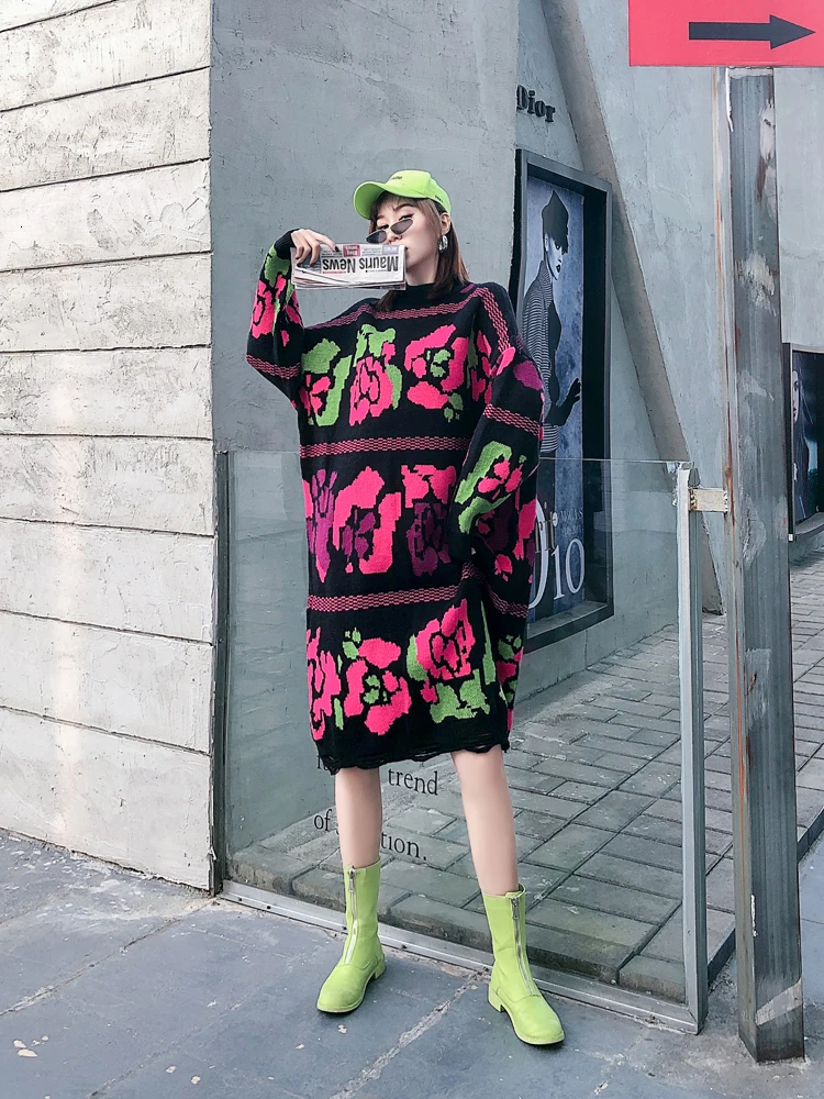 QING MO зимнее женское платье с цветочным принтом женское вязаное платье-свитер большого размера женское элегантное платье ZQY2510