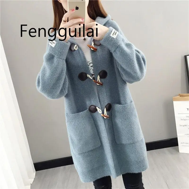 FENGGUILAI осень зима вязаный кардиган женский из искусственного меха норки пальто с капюшоном Повседневный роговой пряжкой толстый женский свитер пальто куртка