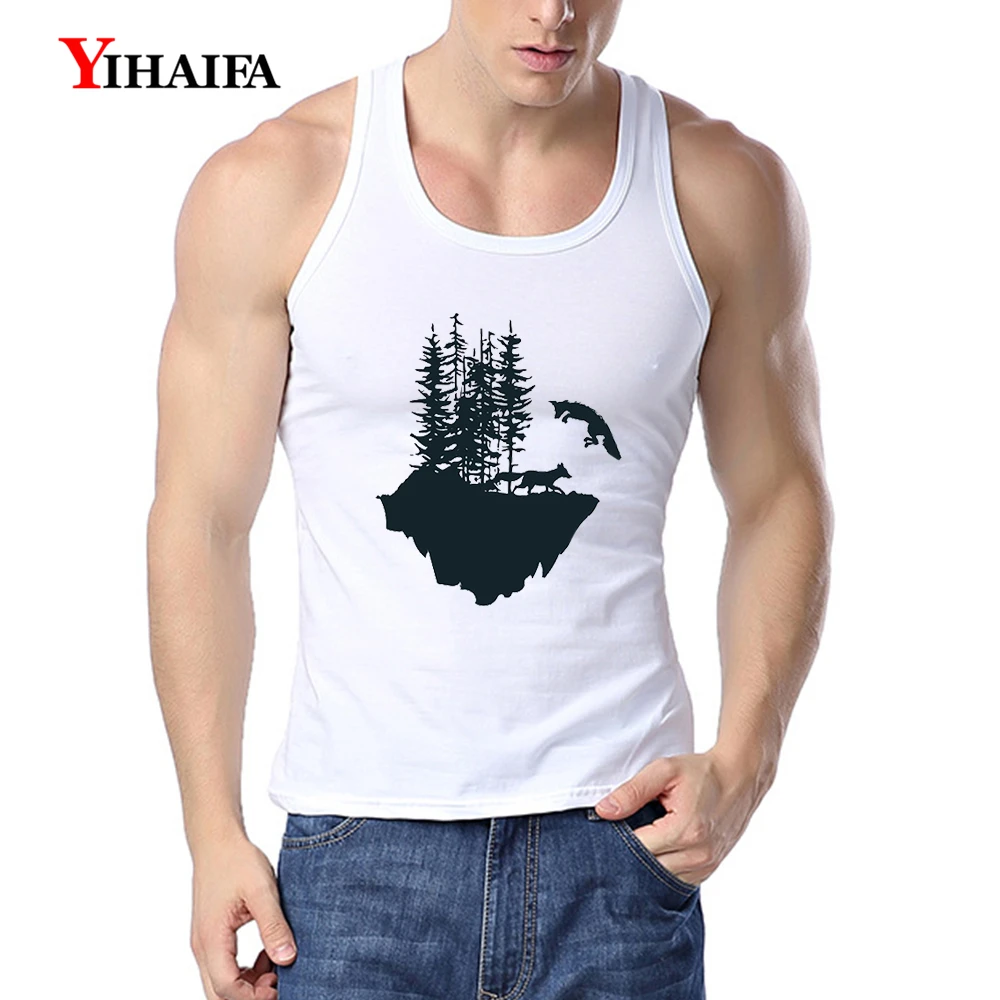

YIHAIFA Mens Workout Shirts Gym Clothing Wolf Mountain Graphics Singlet Bodybuilding Fitness Muscle Shirt Men White Tank Top