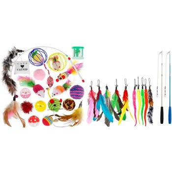 

Cute Kitty Toys for Cats 20 Pieces with 2Pcs Retractable Cat Wand Toys and 10Pcs Replacement Teaser with Bell Refills