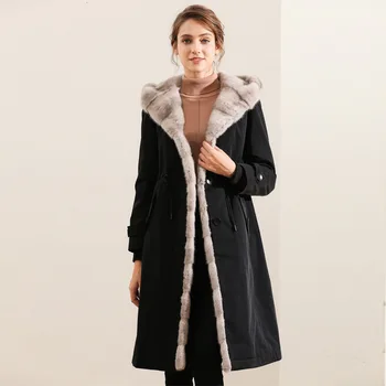 

2019 Winter Jacket Women Long Parka Real Raccoon Fur Collar Hood Snow Warm Natural Rabbit Lined Coat Black Outerwear Overcoat