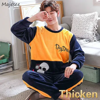 

Pajama Sets Men Winter Flannel Warm Leisure Soft Comfortable Cartoon Printed Mens Pajamas Oversize 3XL Korean Stylish Home-wear