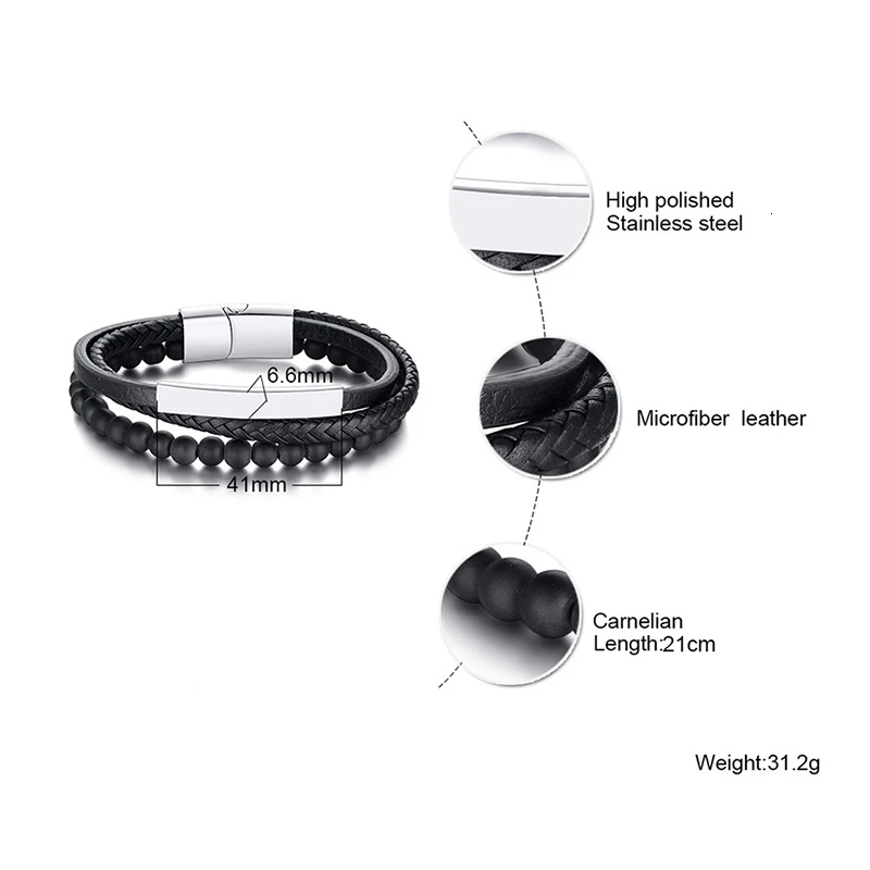 Vnox Мужчин Персонализация гравировка Многослойные черные из натуральной кожи веревки браслеты на заказ Подарки для него
