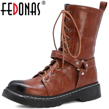 

FEDONAS Platform Mid-Calf Boots Fashion Metal Rivets Thick Heels Shoes Woman 2020 Autumn Winter Party Dancing Basic Boots Boots