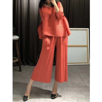 

Korea 2020 New Autumn Vintage O Collar Loose Three Quarter Sleeve Tops Full Length Pants Suit Winter Women Tide JH091