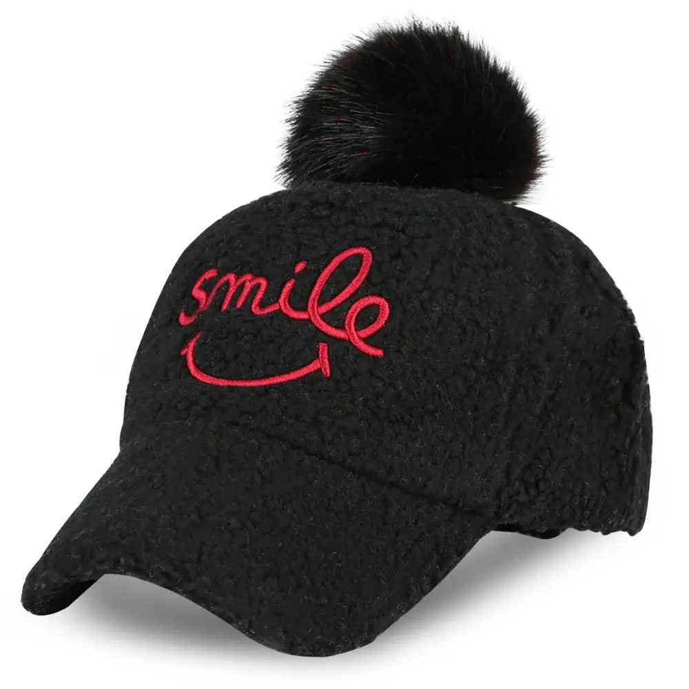 Детская шапка, бейсбольная Кепка с вышивкой в виде черного смайлика, сохраняющая тепло, детские шапки, зимние шапки с помпоном, бонсеты для маленьких девочек, рождественский подарок - Цвет: Черный