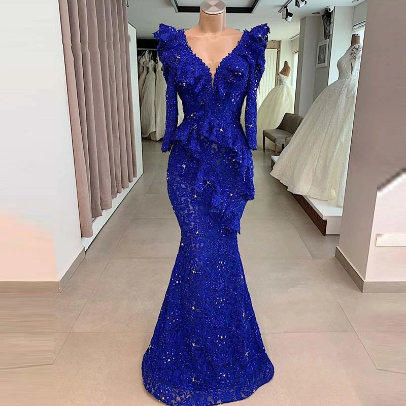 

royal blue prom dresses V Neck Long Sleeve elegant evening formal dresses moroccan kaftan Mermaid celebrity party dress