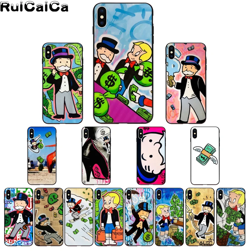 

RuiCaiCa Cartoon Dollar Monopoly Black Soft Shell Phone Cover for Apple iPhone 8 7 6 6S Plus X XS MAX 5 5S SE XR Cover