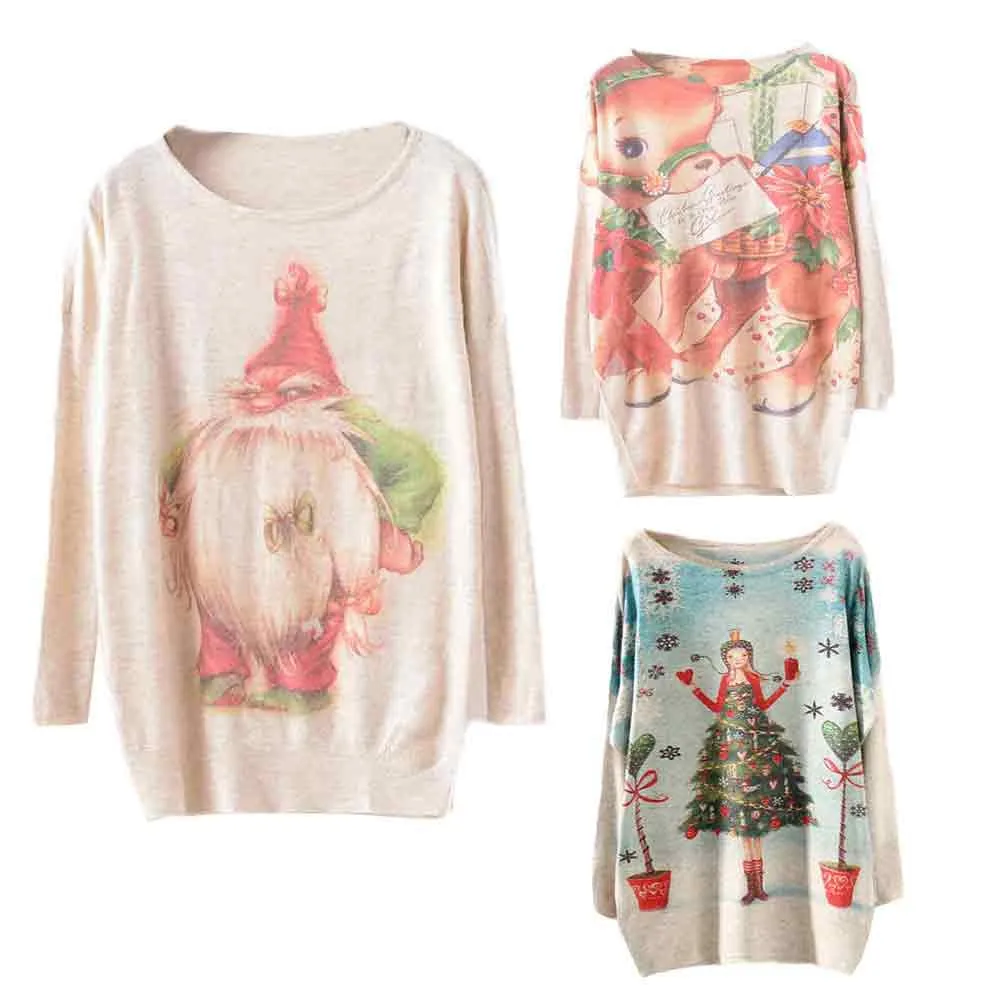 Women's Sweater New Batwing Sleeve Round Neck Christmas Print Autumn Winter Fashion Casual Warm Loose Comfortable Jumper#S