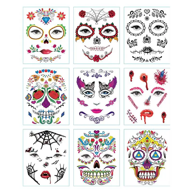 9 листов моды Мехико День мертвых татуировки стикер s Наклейка На Хэллоуин водонепроницаемый лицо татуировки декоративные наклейки