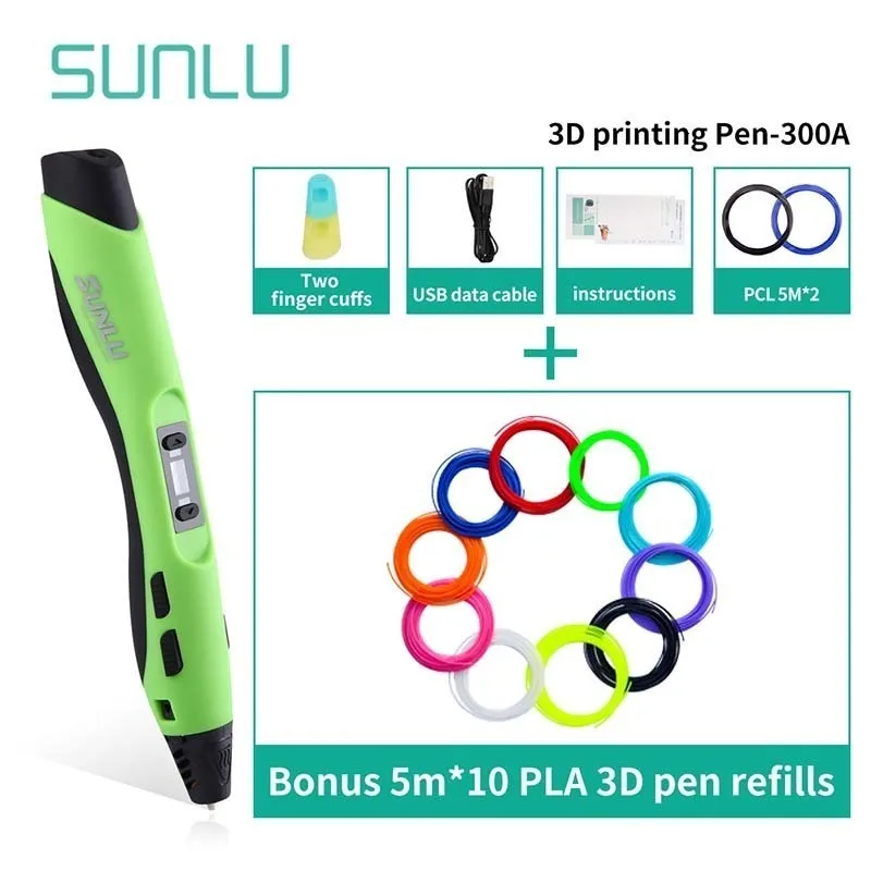 Зеленый Цвет 3D печать Ручка для детей Scibble с PLA нити заправки Подарочная коробка набор SUNLU низкая температура 3D ручки для рисования