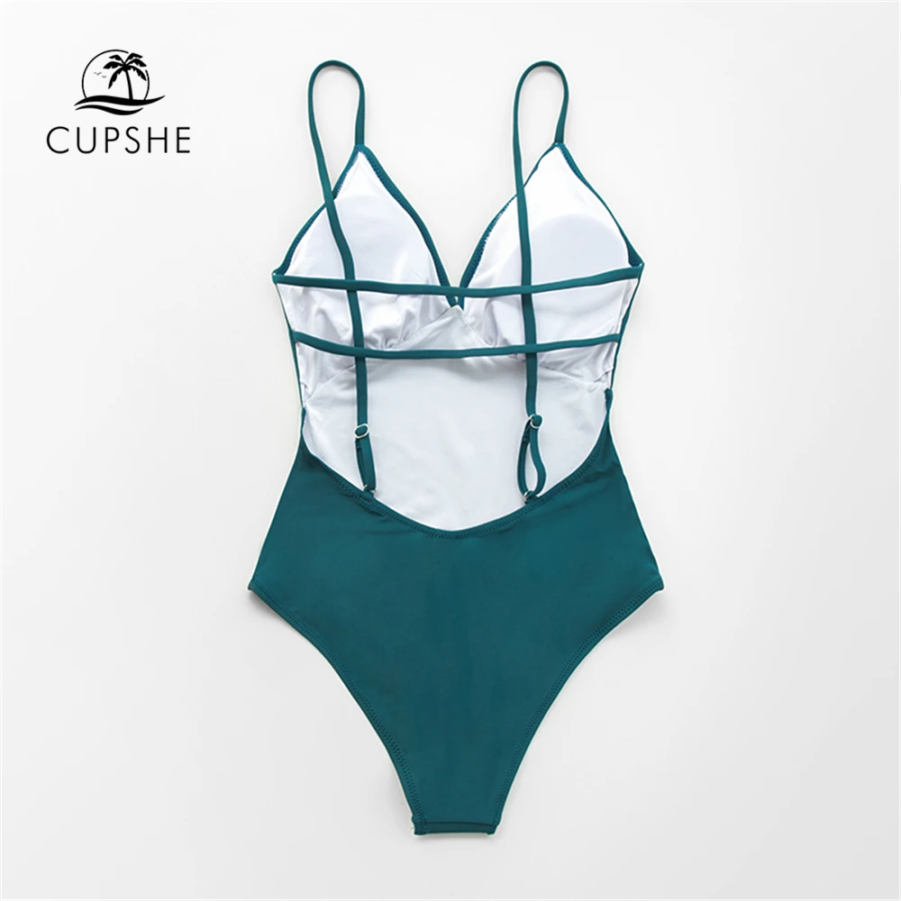 CUPSHE сплошной темно-бирюзовый Цельный купальник с v-образным вырезом, сексуальный женский монокини с открытой спиной и подкладкой,, пляжные купальники для девочек
