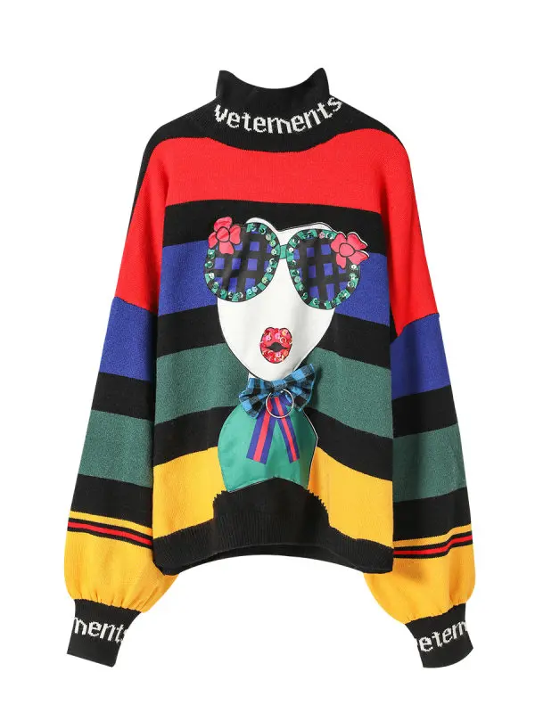 rainbow sweater MUMUZI, Радужный Цветной полосатый свитер, женские джемперы, пуловеры, повседневные топы с длинным рукавом, вязаные свитера с высоким воротом, pull femme - Цвет: rainbow sweater