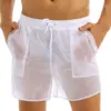 Adult Mens See-Through Shorts Elastic Waist Pure Color Drawstring Quick Dry Beach Shorts Swim Trunks with Bulit-in Mesh Briefs 2