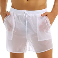Adult Mens See-Through Shorts Elastic Waist Pure Color Drawstring Quick Dry Beach Shorts Swim Trunks with Bulit-in Mesh Briefs 2