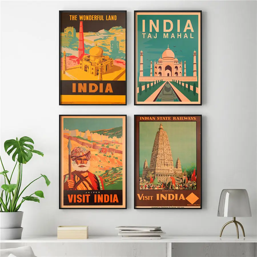 

Visit India Poster Famous Tourist Sites Print Wall Sticker Hand Painted Vintage Bar Cafe Home living room Bedroom Decor42x30cm