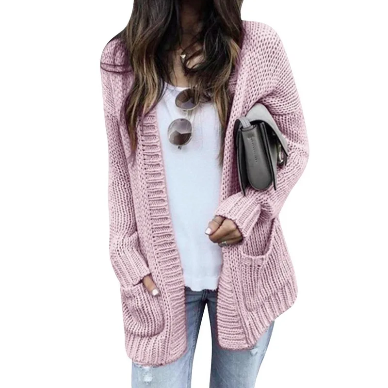 CALOFE 2020 Fashion Women Knitted Coats Long Sleeve Solid Cardigans Sweater With Pockets Warm Casual Knitwear Plus Size |