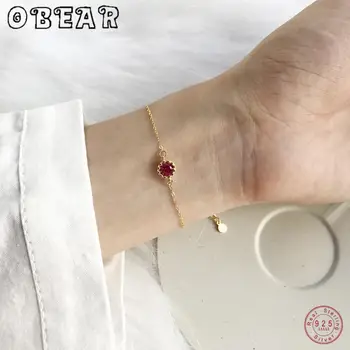 

OBEAR 925 Sterling Silver Round Red Zircon Bracelets for Women 18K Yellow Gold Link Chain Girls Wedding Wristband Bracelets