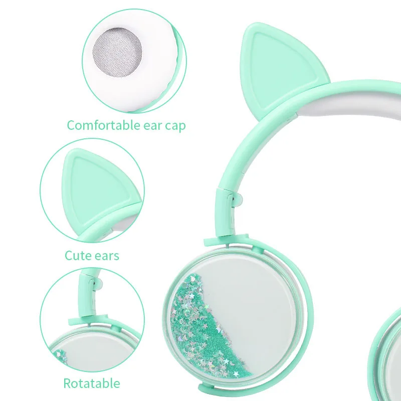 Quicksand Glitter Wired Headphone Portable Student Child Cat Ear Headphones for Xiaomi Samsung 3 5mm Jack PC Phone Headset