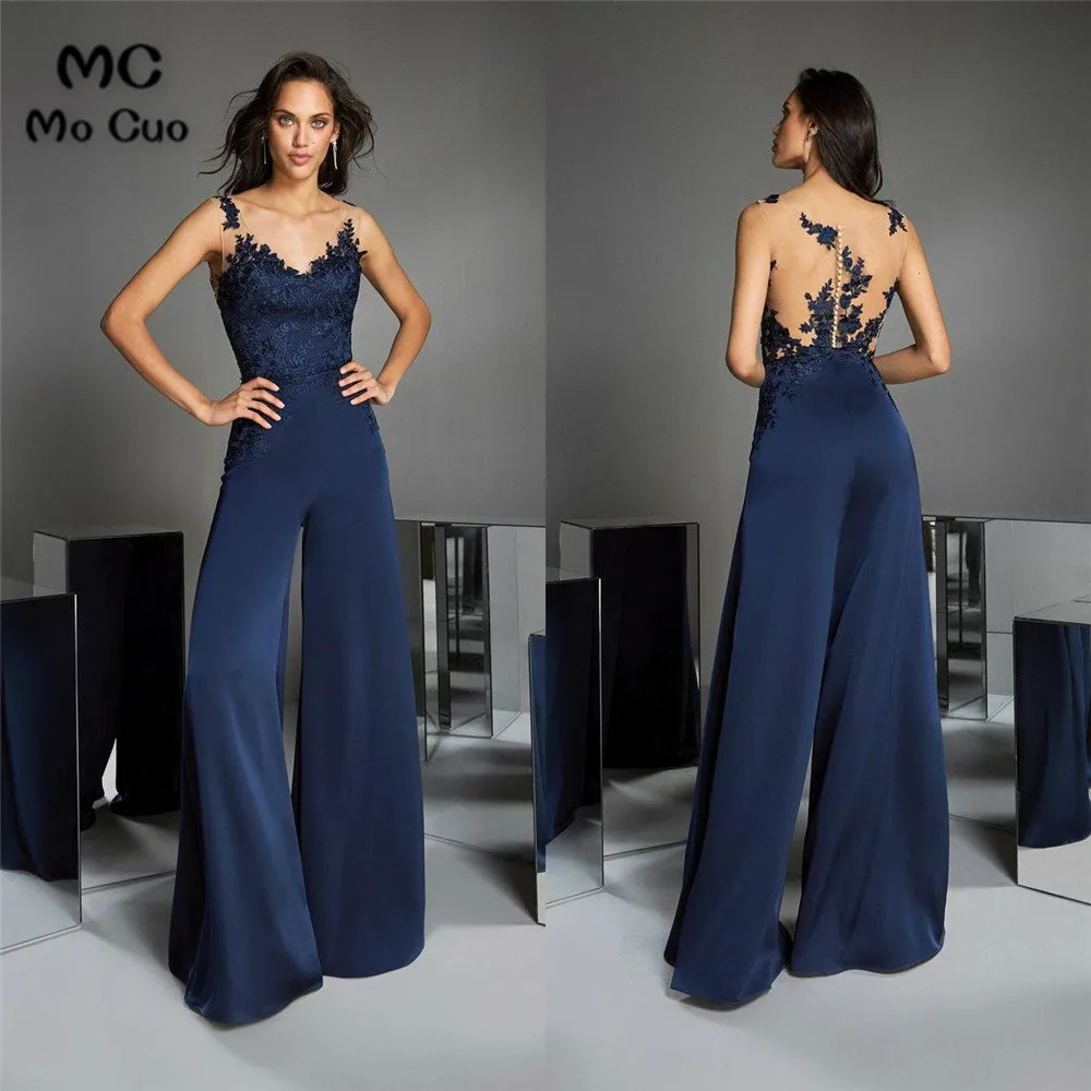 Navy Jumpsuits Mother of the Bride Pants Suit 2020 V Neck Lace Wedding Guest Dress Mothers of the Groom Gowns Outfit (1)