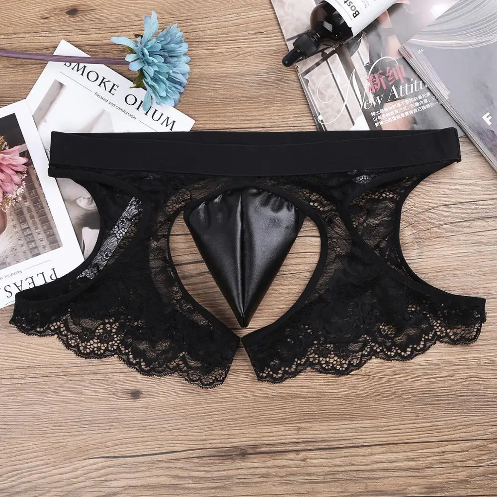 Мужские кружевные трусы боксеры FEESHOW черные открытые с заниженной талией и