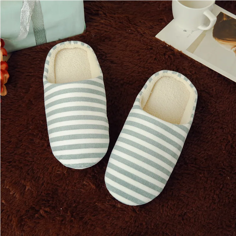 

Winter Women Indoor Slippers Short Plush Flat Shoes Home Bedroom Slides Striped Non-slip Female Soft Sole House Floor Slippers