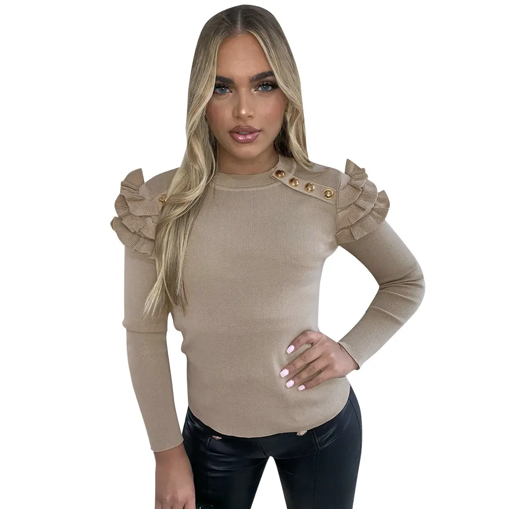 

Women Spring Knitted T-Shirts Button Decor O-Neck Long Sleeve Solid Slim Pullover Tops Office Streetwear Fashion Female Clothing
