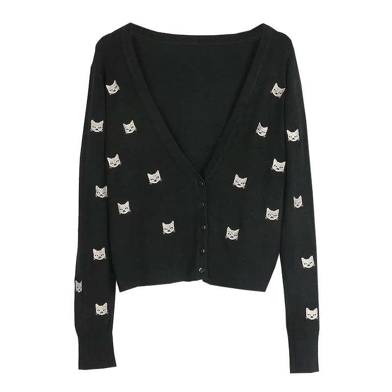 BabYoung Autumn Winter New Women's V-neck Long Sleeve Contrast Color Kitten Embroidered Thin Slim Knit Cardigan Coat | Женская