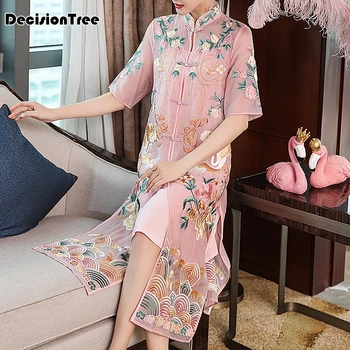

2020 Chinese Dress evening party dress female beads v collar Embroidery robe de soiree backless qipao women sexy host cheongsam