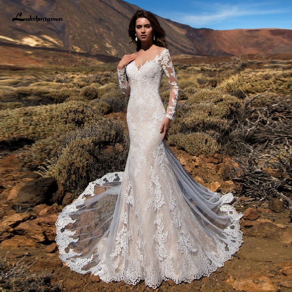 ^*Best Offers Lakshmigown Vintage Kant Mermaid Wedding Dress Lange Mouwen 2020 Elegante Bruids Bruidsjurken Lange Trein Vestidos De Boda