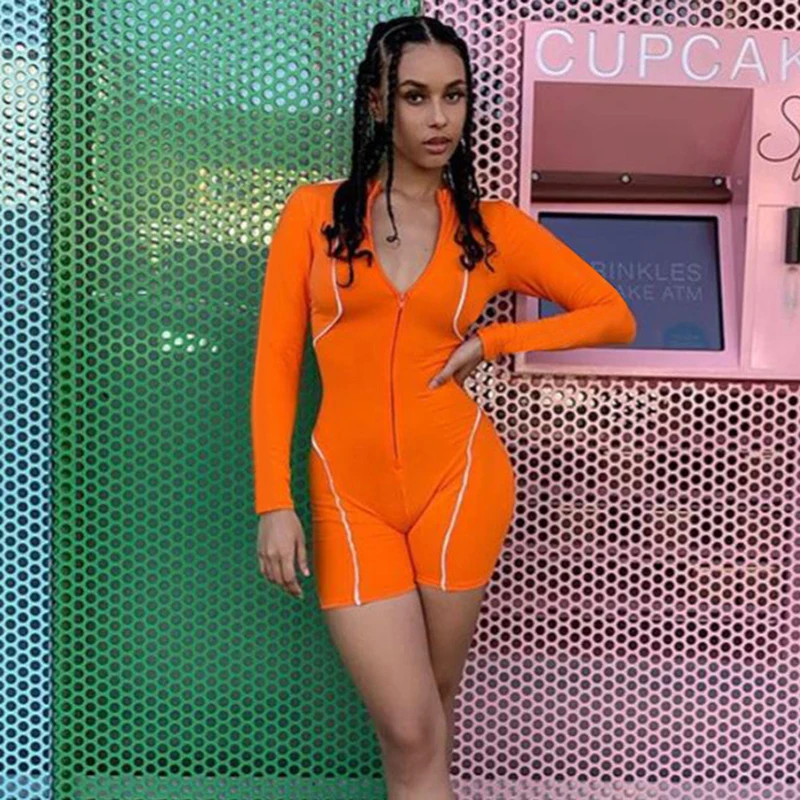 Sexy V Neck Reflective Stripes Playsuits Women Patchwork Long Sleeve Zipper Skinny Jumpsuits Autumn Streetwear Bodysuits
