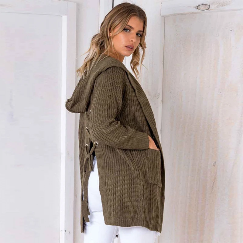 Autumn and Winter 2019 New Casual Hooded Cardigan Knitted Sweaters Women Back Lace Up Long Sleeve Pockets Sweater Femme Clothes |