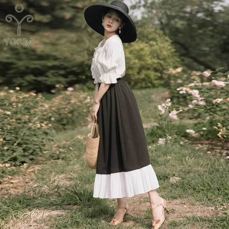 

YOSIMI 2019 Summer Women 2 Piece Outfits Sets Suit Cotton Half Sleeve White Shirt and Elastic Waist Skirt Mid-calf Women Dress