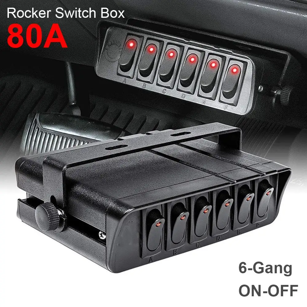 

80A Rocker Switch Box Emergency Strobe Light 12V 6-Gang Toggle Controller Panel