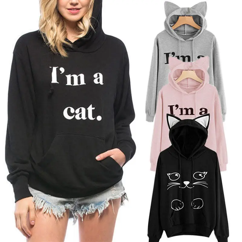 Женский джемпер с надписью I am a cat зимний черный спортивный пуловер длинным