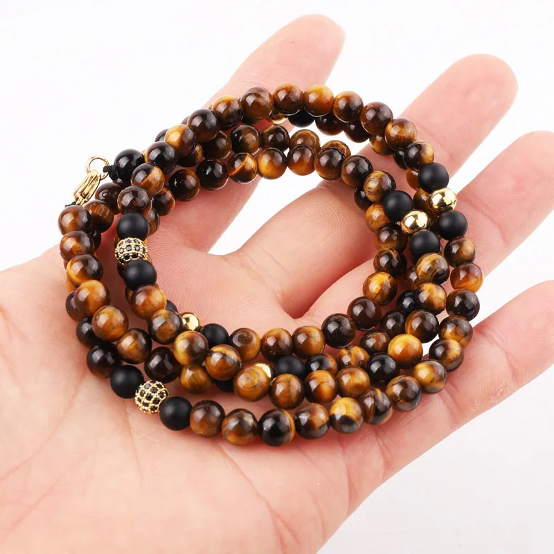 High Quality New Design Natural Stone Matte Onyx Brown Tiger Eye Stainless Steel Beads Men Long Necklace 30inches Jewelry Gift - Image 6