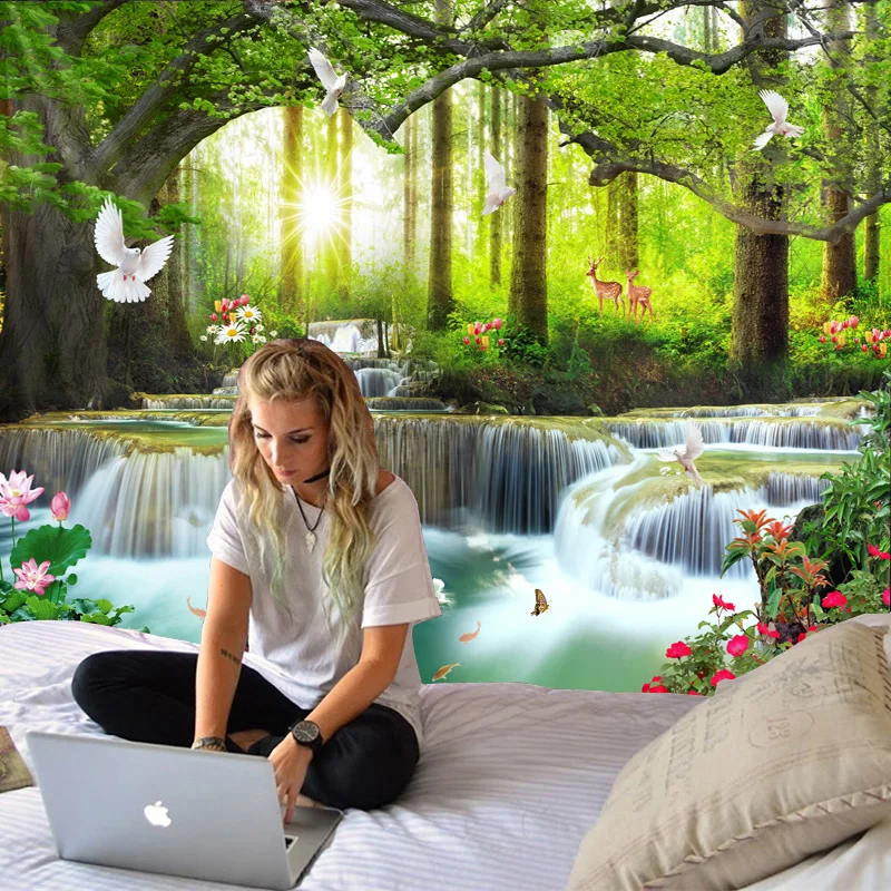 Beautiful natural forest waterfall printed large wall tapestry sea view hippie wall tapestry bohemian mandala tapestry decor