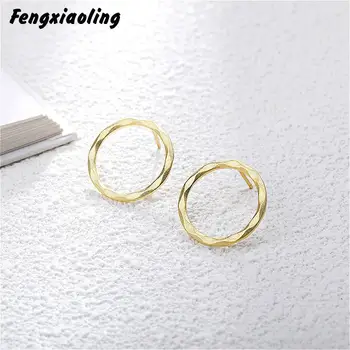 

Fengxiaoling New Fashion Jewelry 925 Sterling Silver Hollow Circle Stud Earrings For Women Golden Earring Fashion Party Jewelry