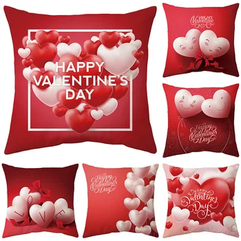 

Happy Valentine's Day Couple Cushion Cover Polyester Love Balloon Print Throw Pillowcase Home Decoration Red Accessories