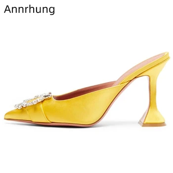 

Sexy 2020 Summer Goblet Heel Shoes Woman Jeweled Crystal Sunflower Buckle Decor Pointed Toe Luxury Satin High Heel Slippers