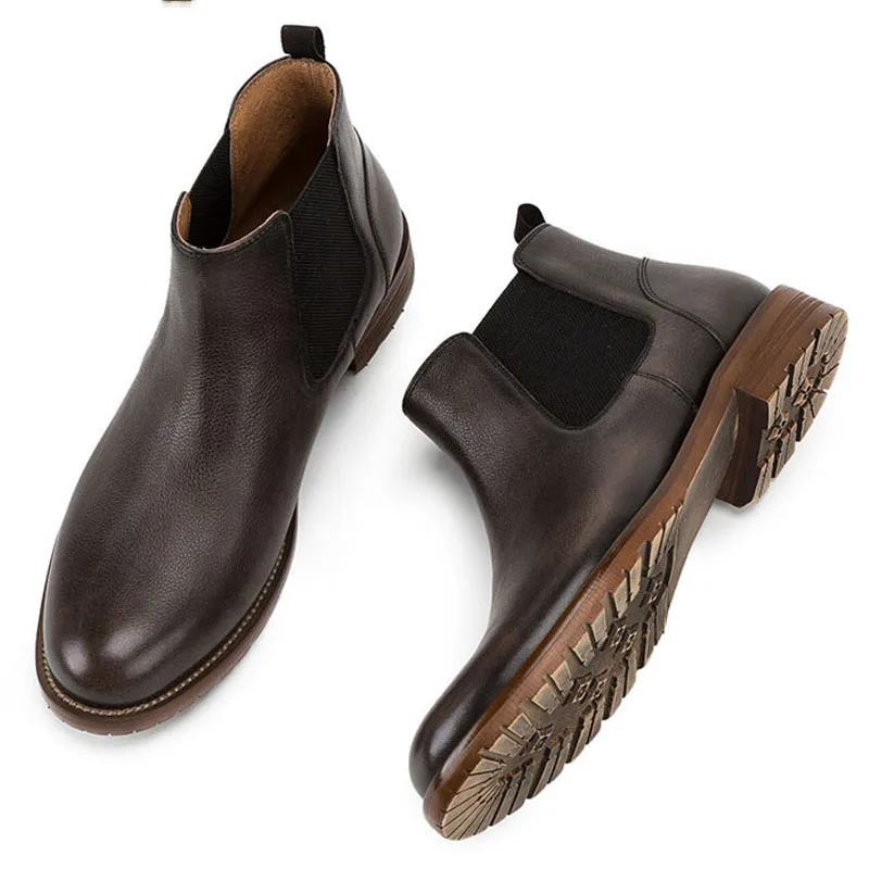 

Formal Mens Chelsea Boots Handmade Retro Platform Shoes Round Toe Men's Natural Genuine Leather Brogue Ankle Boots