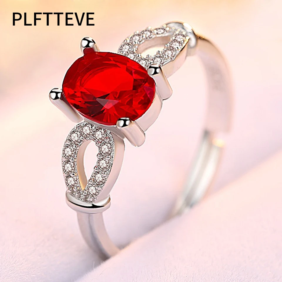 

Zircon Red Stone Rings For Women Lover Silver Color Open Adjustable Engagement Wedding Party Female Ring Fashion Jewelry 2019