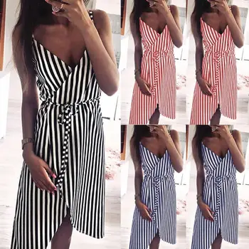 

Dress Women Stripe Printing Sleeveless Off Shoulder Dress Evening Party Vest Empire Sashes Dress Women