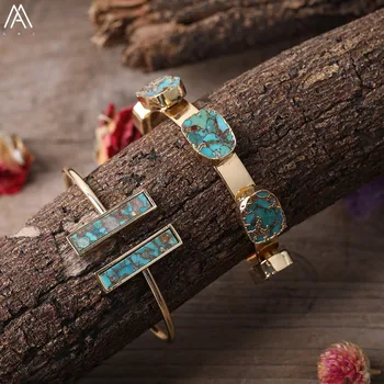 

Natural Gold Line Turquoises Slab Double Beads Open Cuff Bangle Fashion Women Gold Howlite Stone Bracelet Dlicate Jewelry Gift
