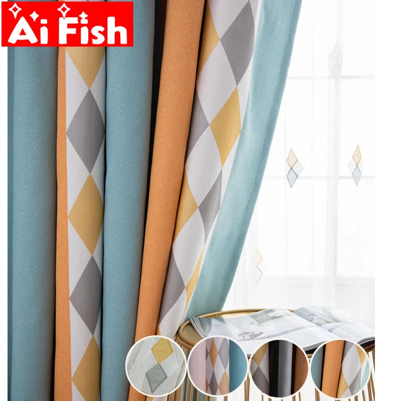 

Jacquard Colored Diamond Geometry Nordic Curtains Stitching Stripe Window Shade Cloth Chenille Curtains For Living Room MY019#5